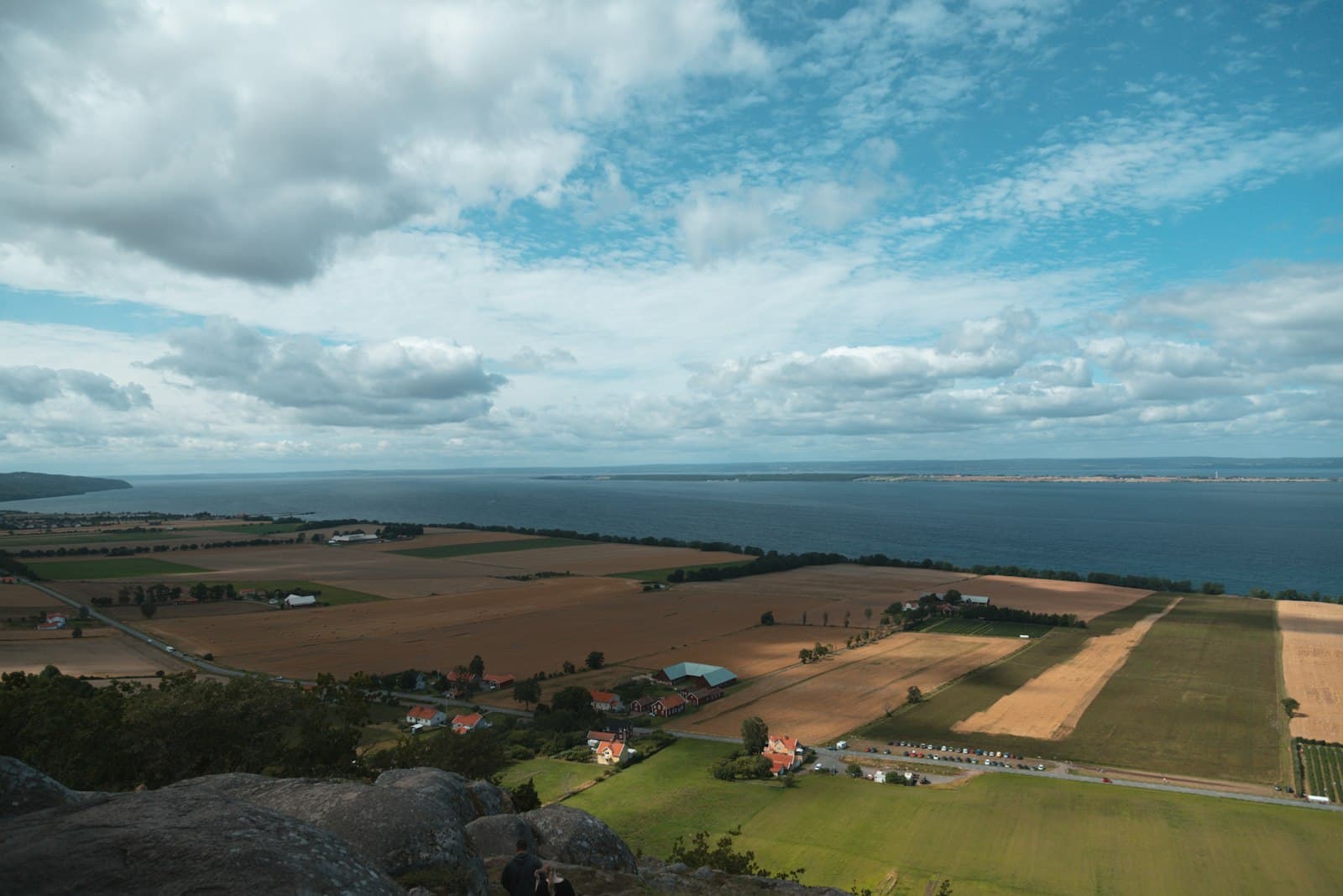 Flygfoto över odlingsfält och gårdar