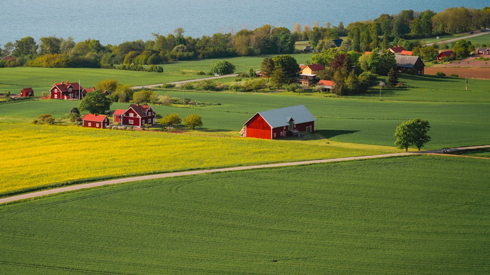 Västsvenskt jordbrukslandskap med röda ekonomibyggnader och gröna fält